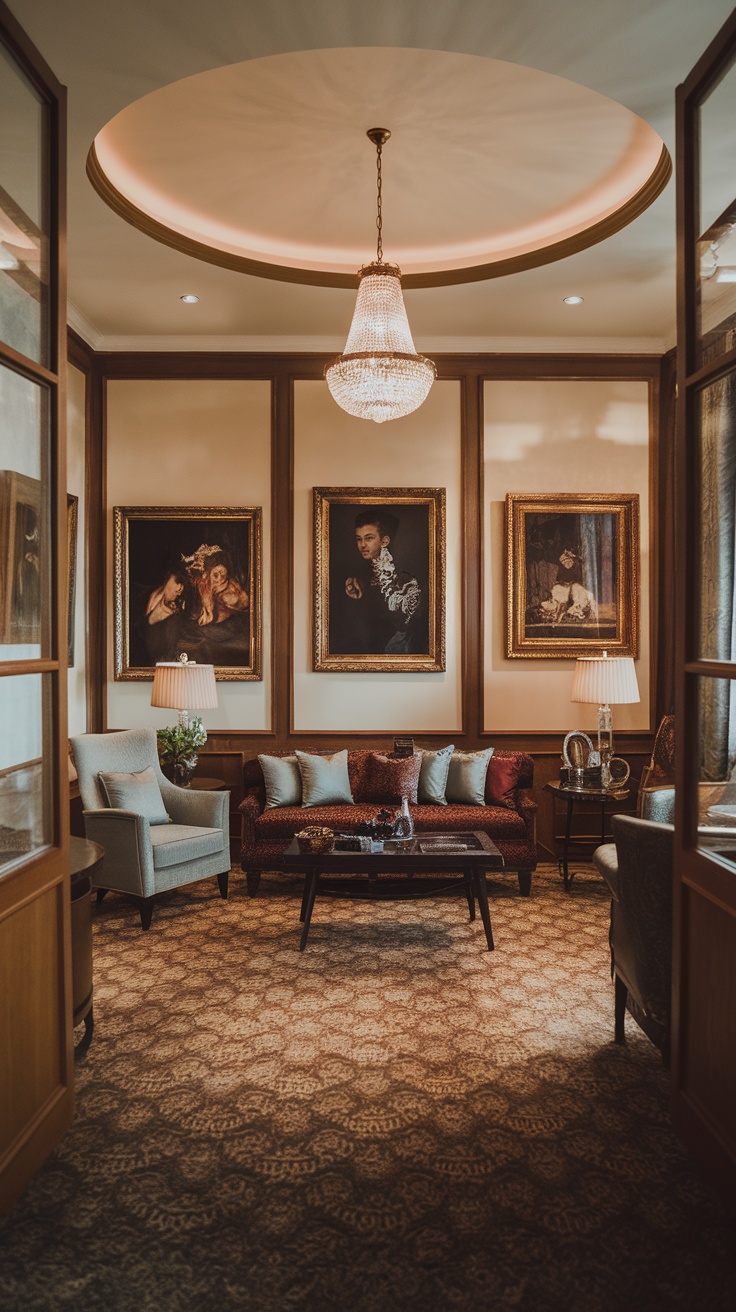 A modern Victorian living room featuring vintage artwork, elegant furniture, and warm lighting.