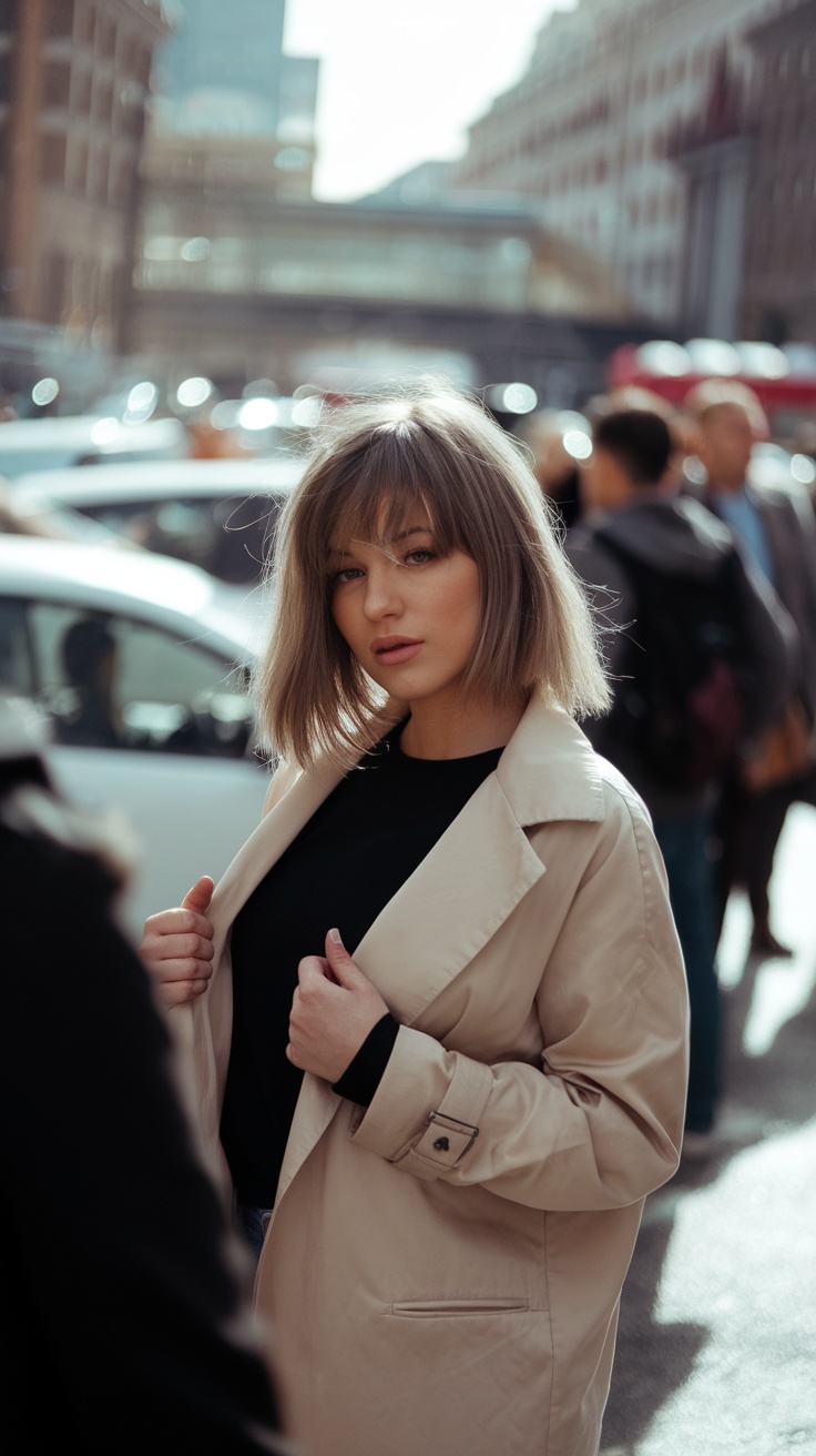 Woman with an asymmetrical haircut wearing a beige coat in a city environment.