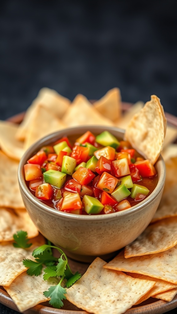 Bowl of avocado and tomato salsa served with tortilla chips