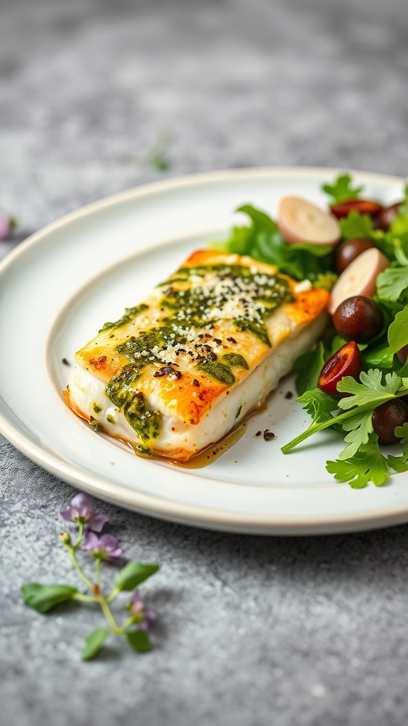 Delicious baked cod topped with pesto and cheese, served with a fresh salad.