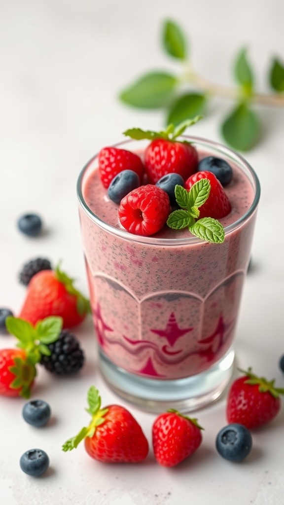 A glass of berry chia seed pudding topped with fresh strawberries and blueberries, garnished with mint leaves.