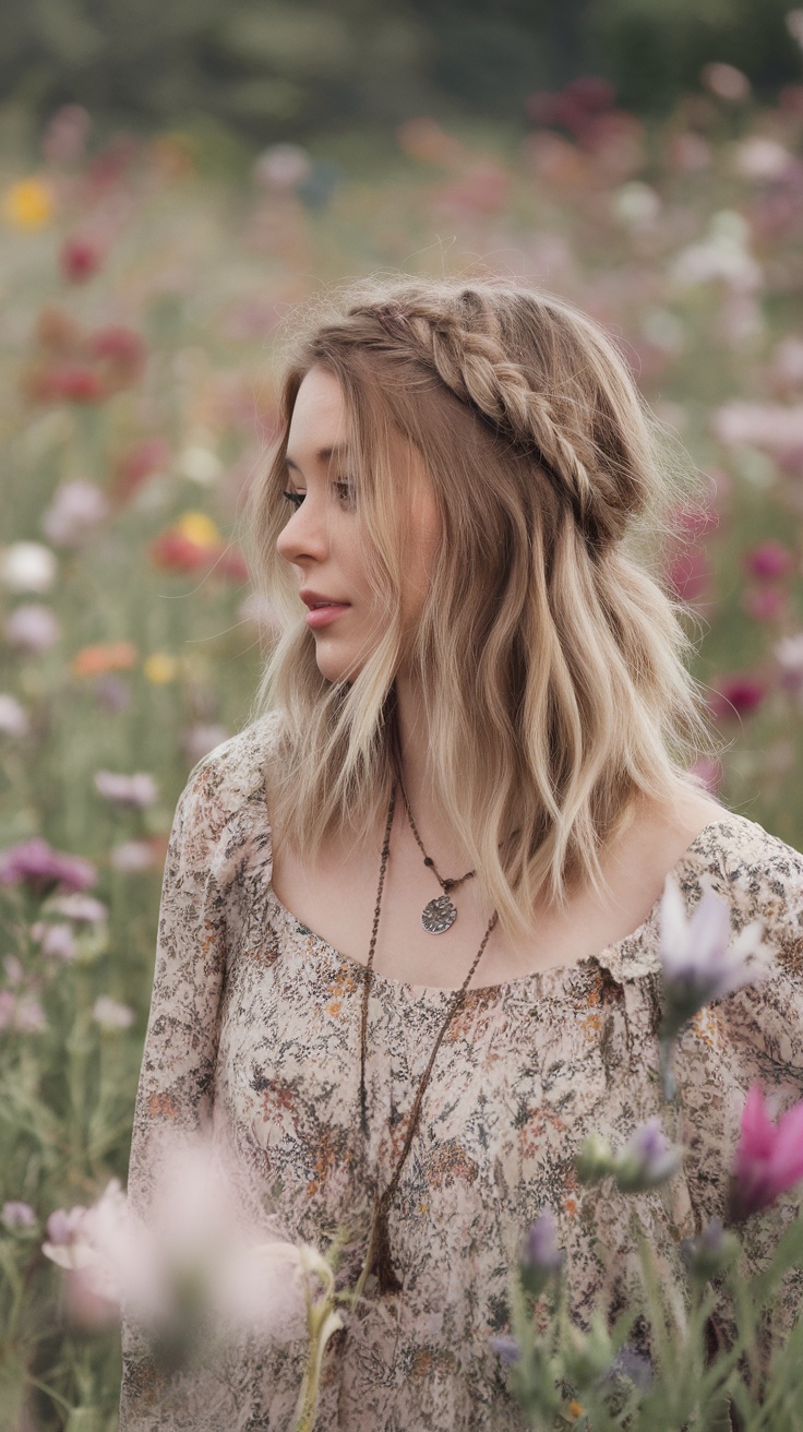 A woman with bohemian braids and loose waves standing in a flower field.