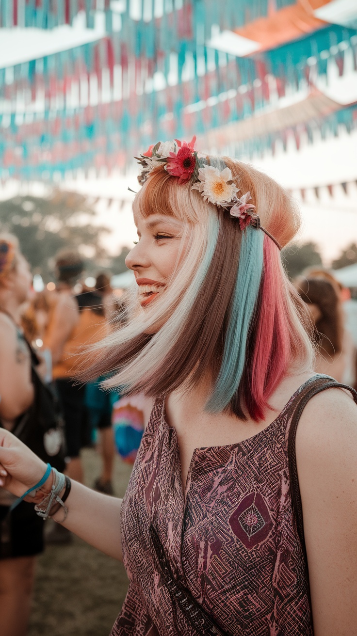 A woman with a bold color-blocked haircut featuring pastel pink and blue shades, smiling at a summer festival.