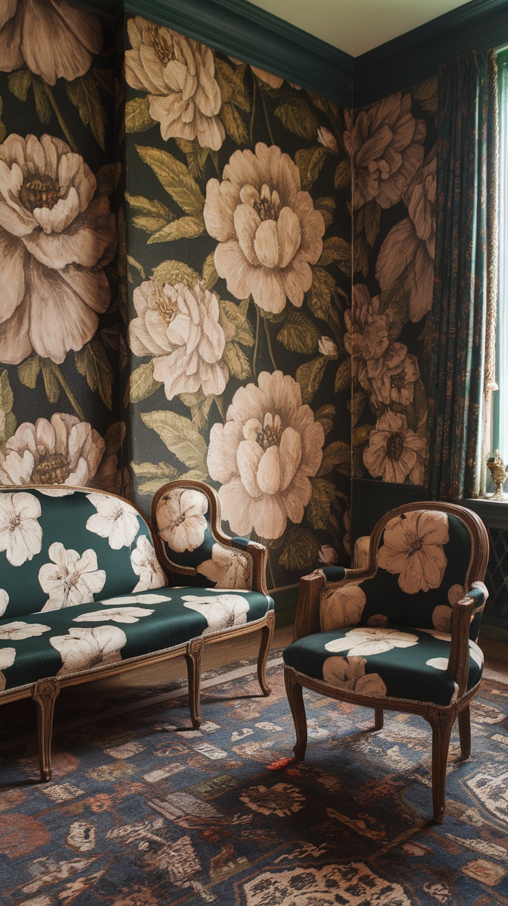 Victorian living room with bold floral patterns on wallpaper and upholstery.