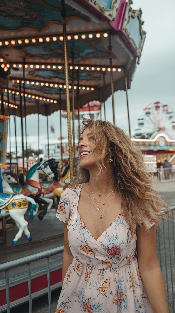 A woman with bouncy curls smiling in front of a carousel.