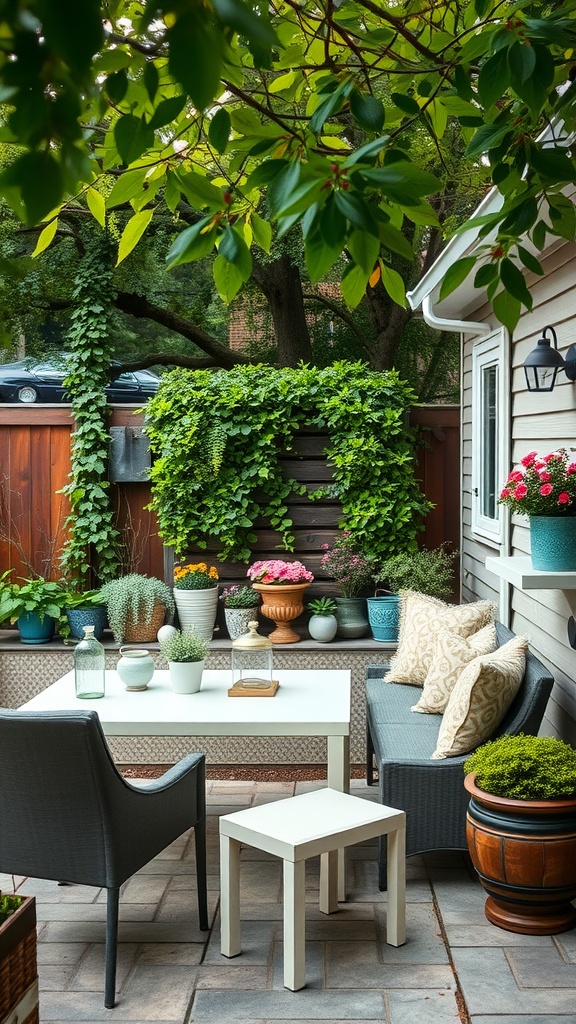 Cozy outdoor patio with a white table, comfortable seating, and lush greenery.