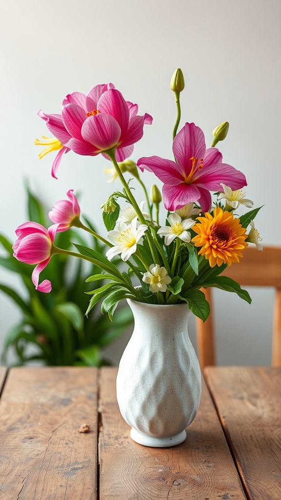 A bright floral arrangement featuring pink lilies, white daisies, and a sunflower in a white vase on a wooden table.