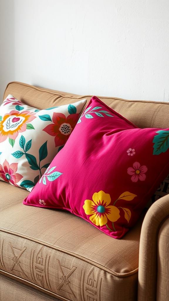 Bright floral throw pillows on a couch