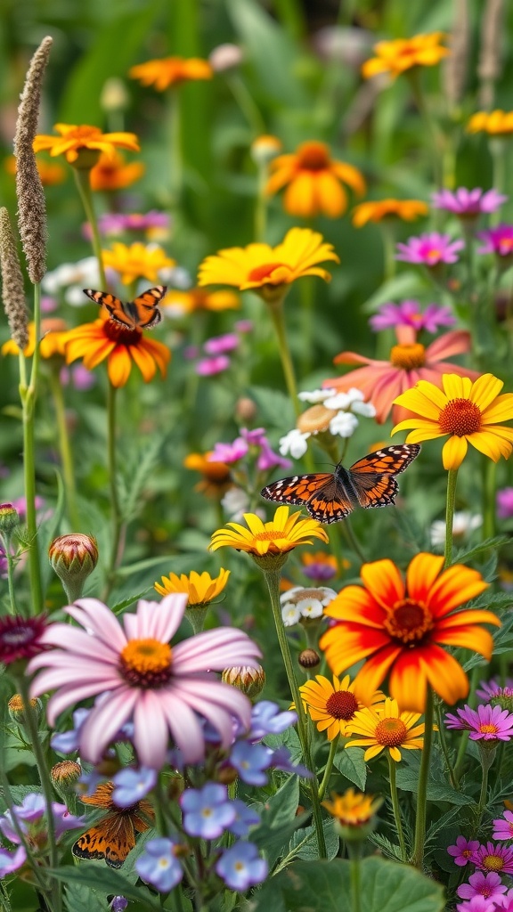 A vibrant garden with various colorful flowers attracting butterflies and bees.