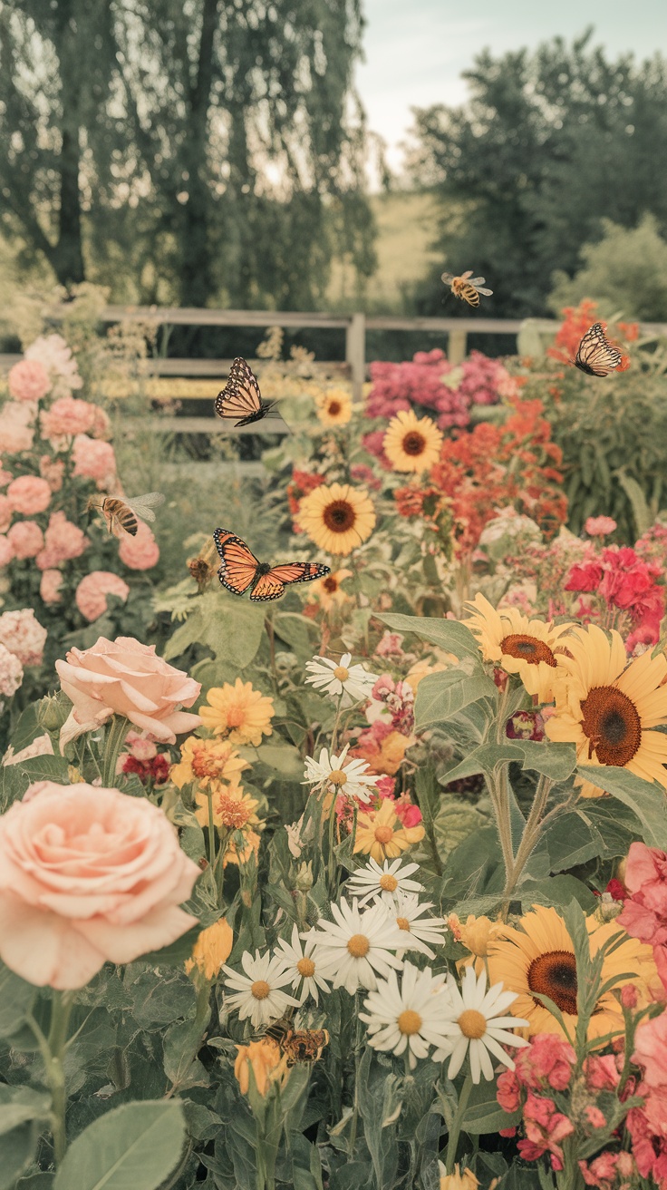 A vibrant garden filled with flowers and butterflies, showcasing a variety of colors and species.