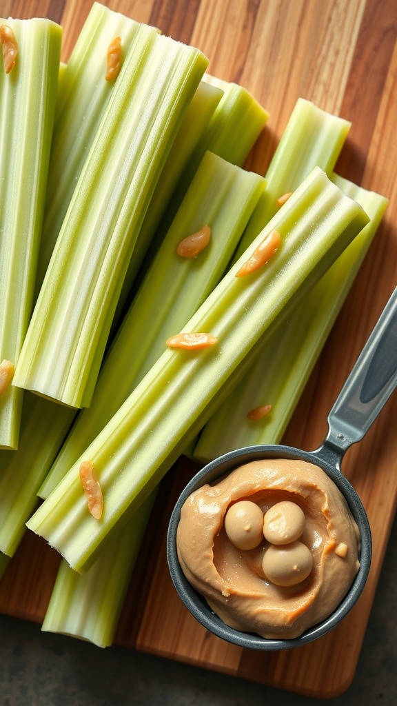 Celery sticks with peanut butter on a wooden board