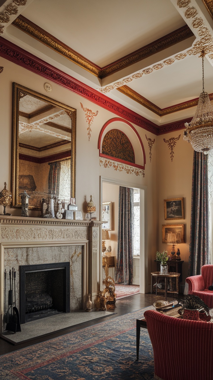 A beautifully styled Victorian living room with rich decorative trims.