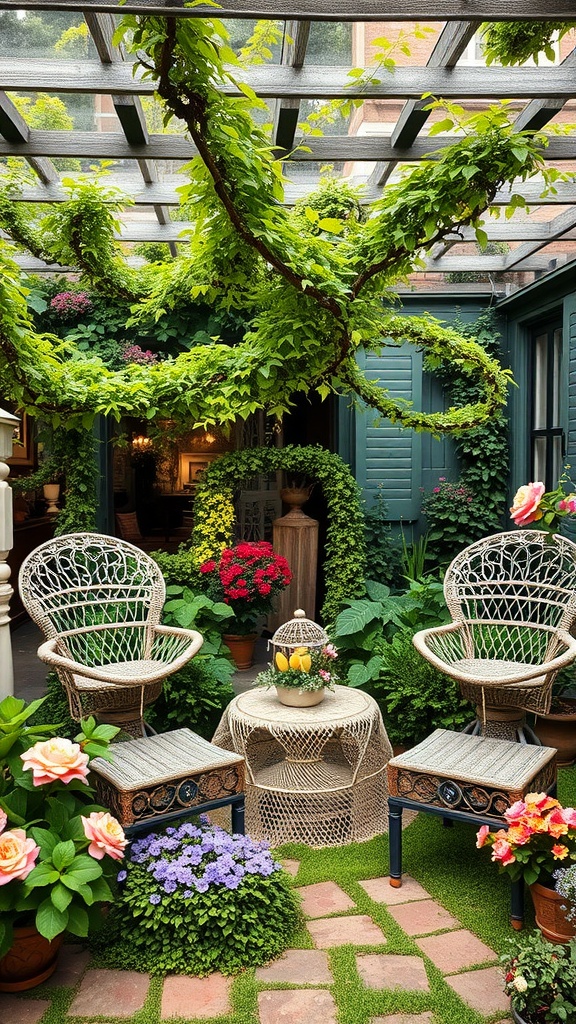 Cozy wicker chairs arranged in a lush garden setting with colorful flowers.