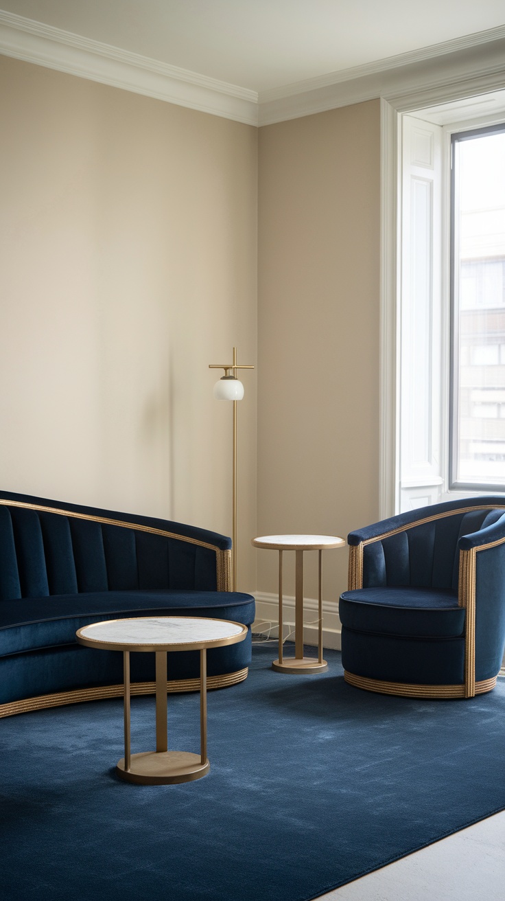 A modern Victorian living room featuring a velvet sofa and accent chairs with chic side tables.