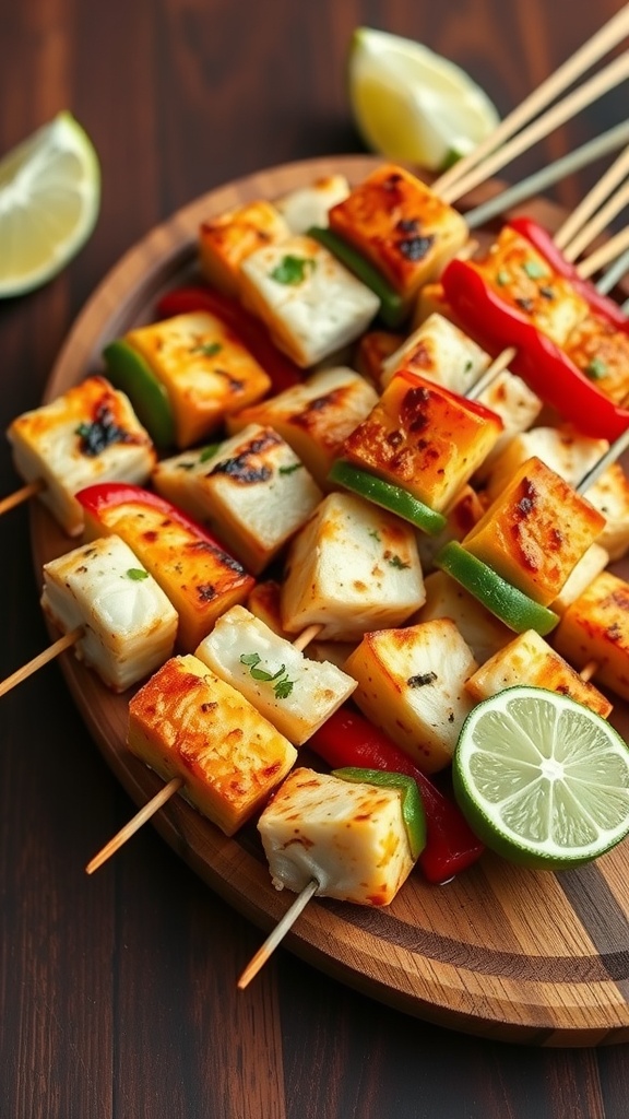 Chili Lime Fish Skewers on a wooden platter with lime wedges