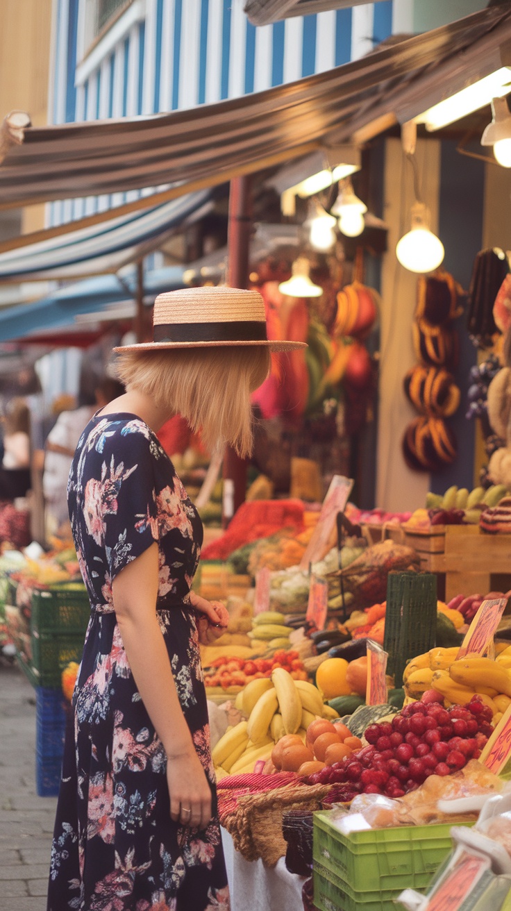 A woman with medium-length choppy hair, wearing a floral dress and a straw hat, browsing a vibrant fruit market.