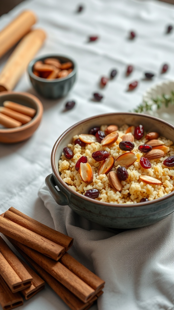 A bowl of Cinnamon and Almond Breakfast Couscous with nuts and dried fruits