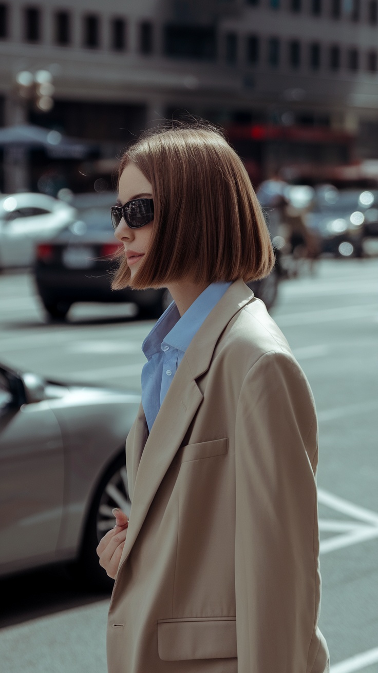 A woman with a shoulder-length bob haircut wearing sunglasses and a stylish blazer, walking in an urban setting.