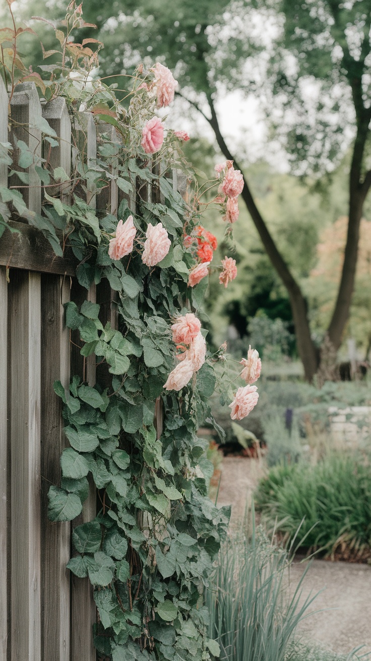 Climbing plants with pink flowers on a wooden fence in a garden