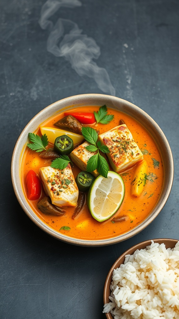 A bowl of coconut curry fish stew with colorful vegetables and herbs.