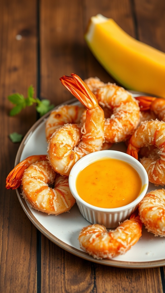 Plate of crispy coconut shrimp served with mango sauce