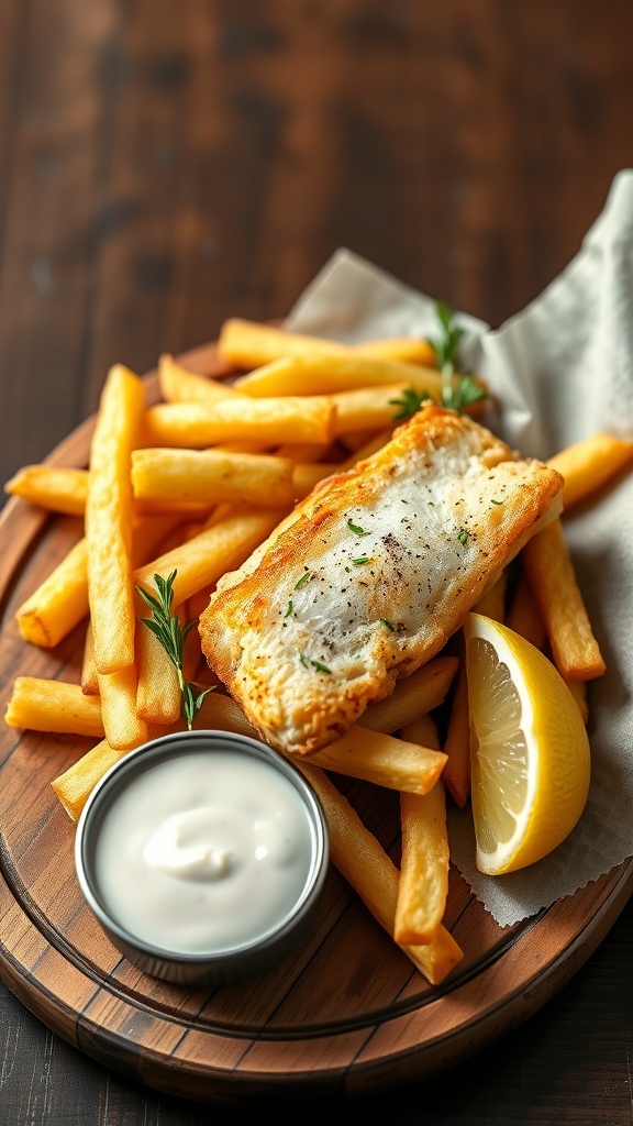 A plate of cod fish and chips with a side of tartar sauce and lemon wedges.