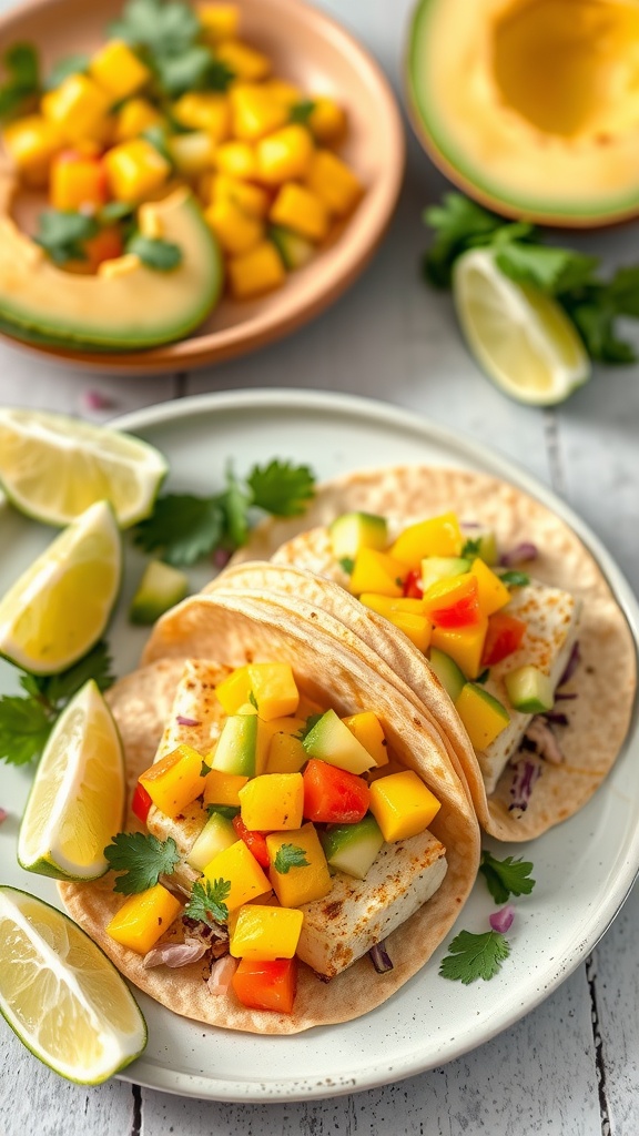 Delicious cod tacos topped with mango salsa, served with lime wedges.