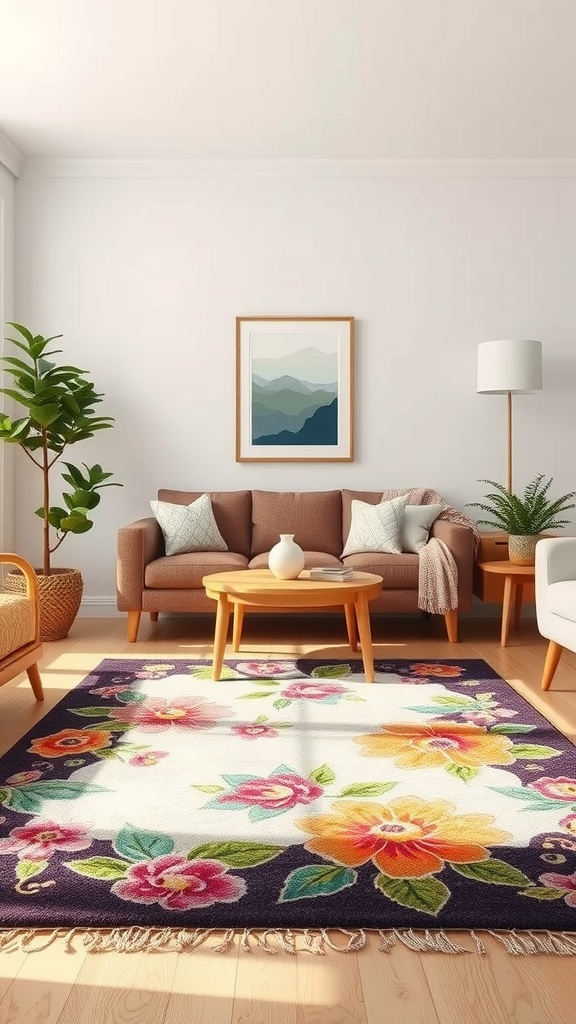 A living room with a colorful floral area rug, light furniture, and plants, evoking a spring vibe.