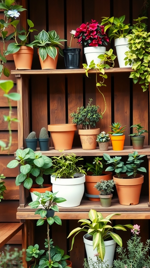 Colorful potted plants arranged on a wooden shelf in a vintage garden style.