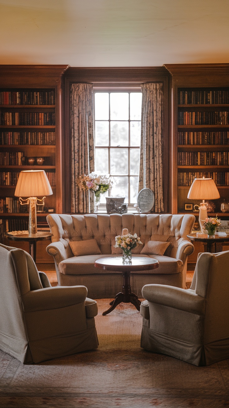 A cozy modern Victorian living room with tufted sofa and armchairs.