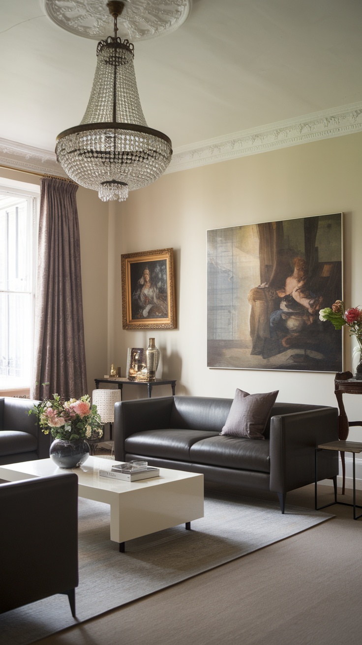 A modern Victorian living room featuring contemporary furniture, classic artwork, and ornate chandelier.