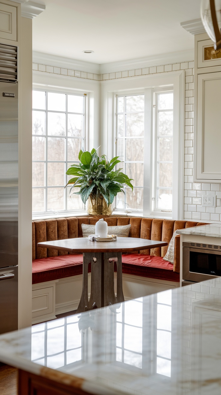 Cozy breakfast nook with a cushioned bench, wooden table, and large windows