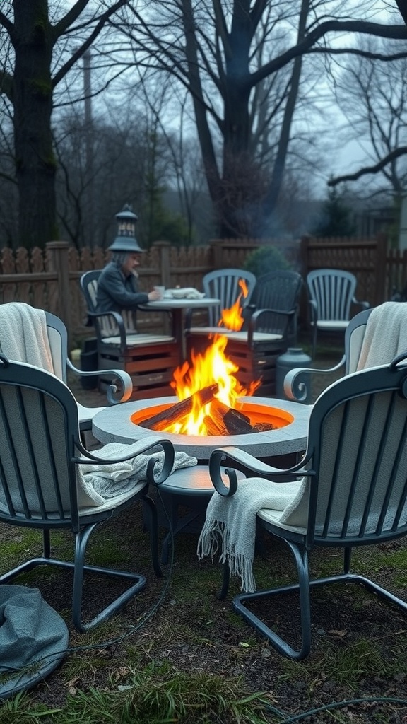 A cozy fire pit surrounded by garden chairs with blankets, creating a warm atmosphere.