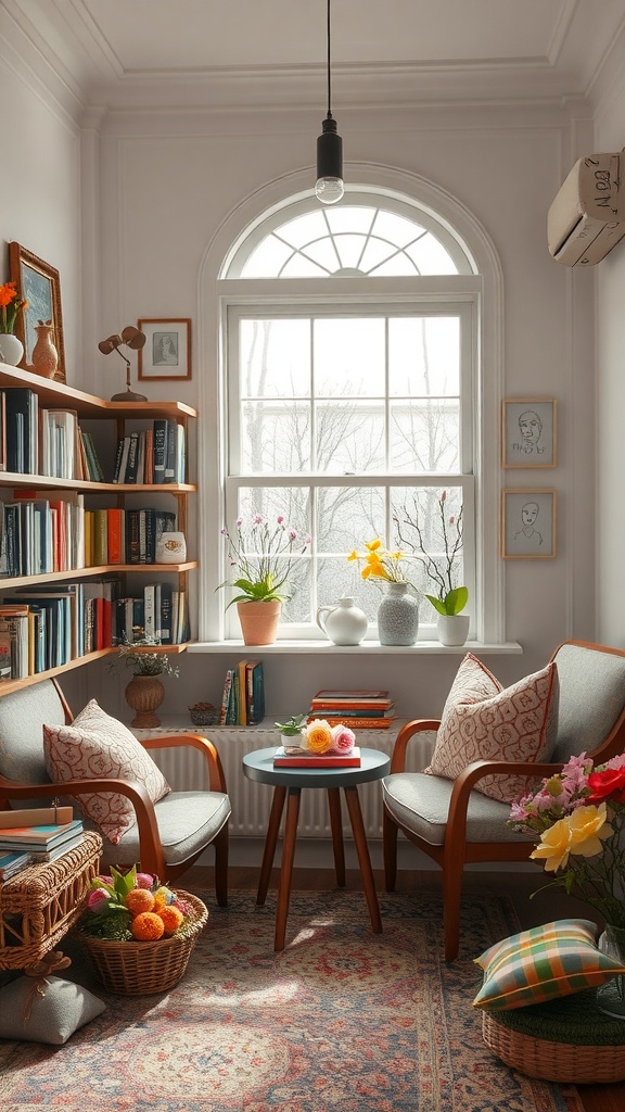 A cozy reading nook with two chairs, a small table, and a window filled with plants and flowers.