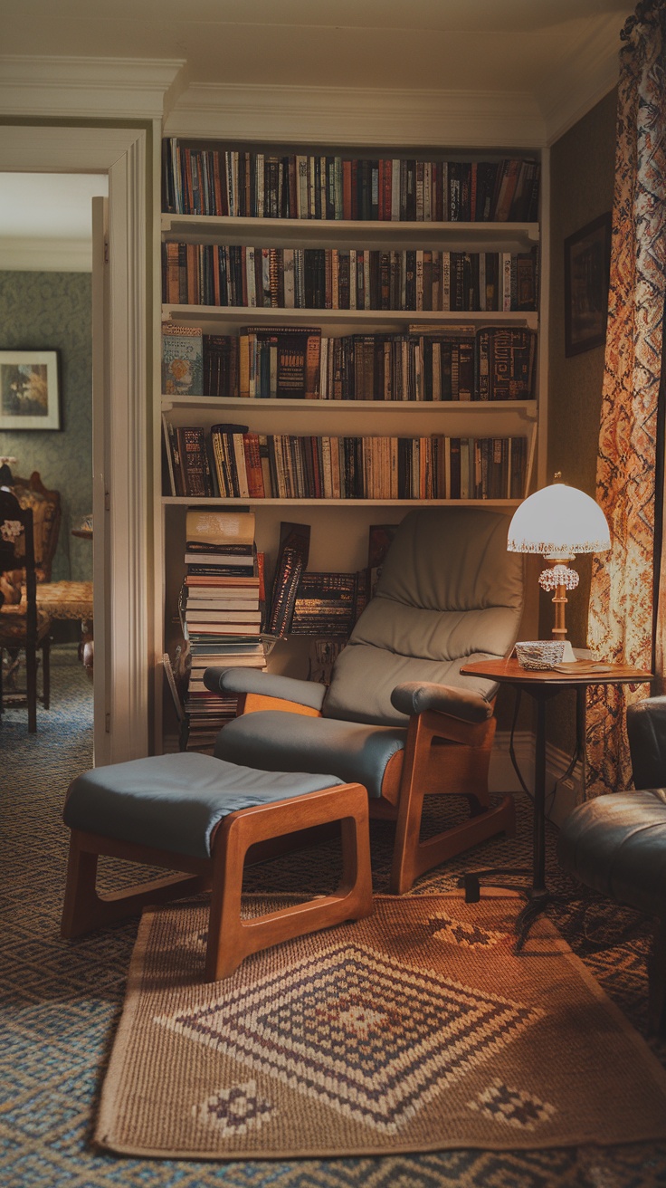 A cozy reading nook featuring a comfortable chair, wooden bookshelf filled with books, and a stylish lamp.