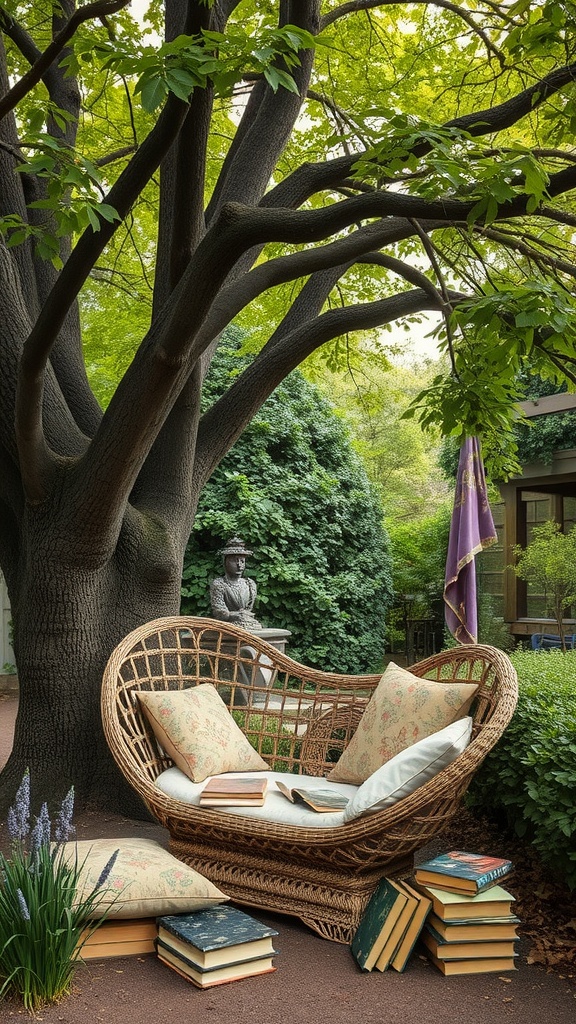 Cozy reading nook with a wicker chair under a tree, surrounded by books and greenery.