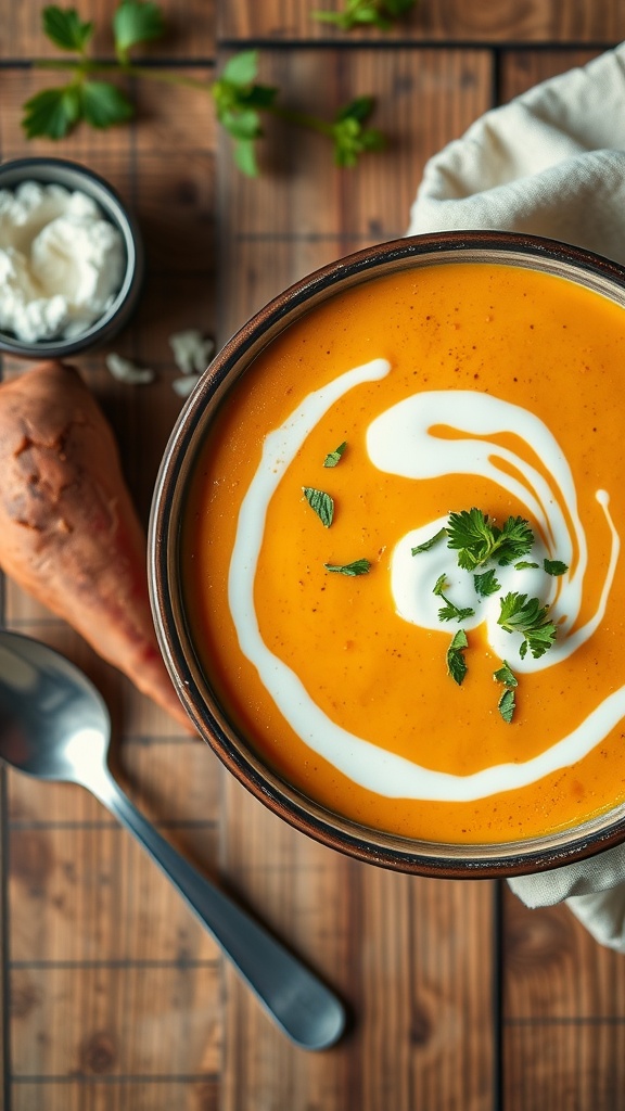 Creamy sweet potato soup served in a bowl with a swirl of coconut milk and garnished with fresh herbs.