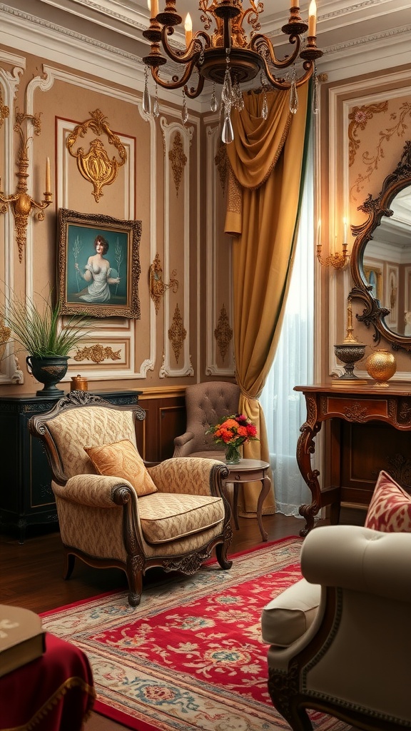 A cozy Rococo living room corner featuring elegant furniture, a vintage chandelier, and decorative elements.