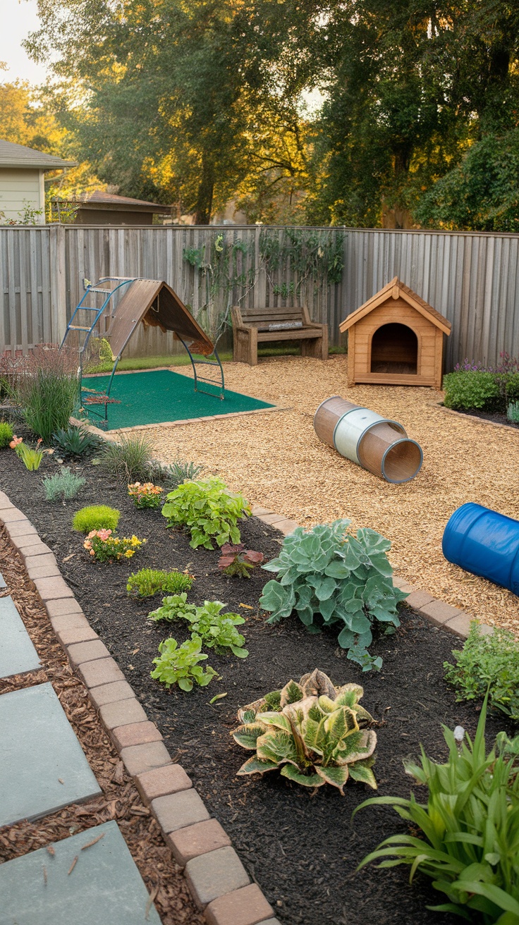 A pet-friendly backyard with play areas, plants, and a cozy patio.