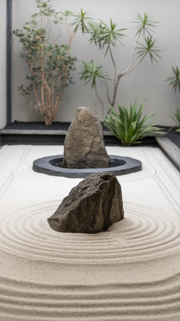 A minimalist Zen garden featuring raked sand, stones, and green plants.