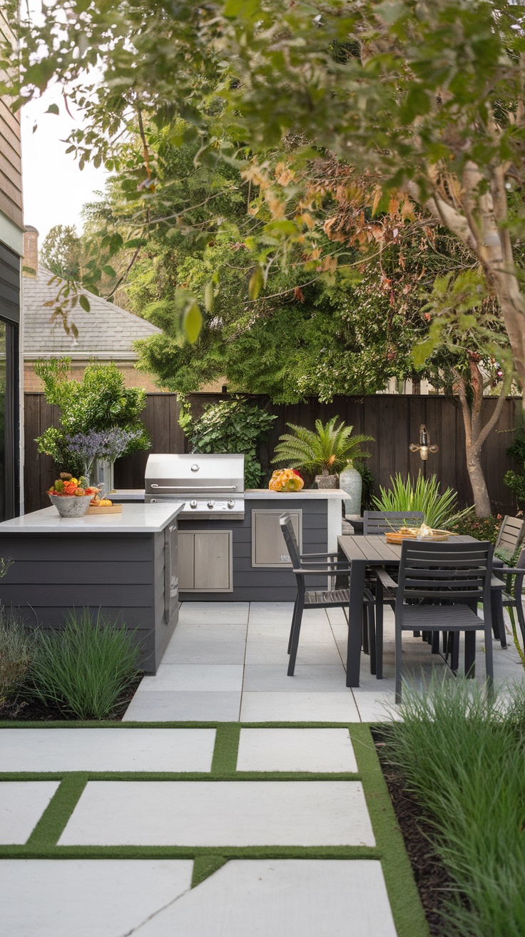 A modern backyard featuring a stylish patio with a grill and dining area.