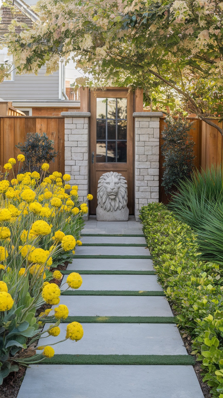 A landscaped entryway featuring a stone path, vibrant yellow flowers, and a decorative lion statue.