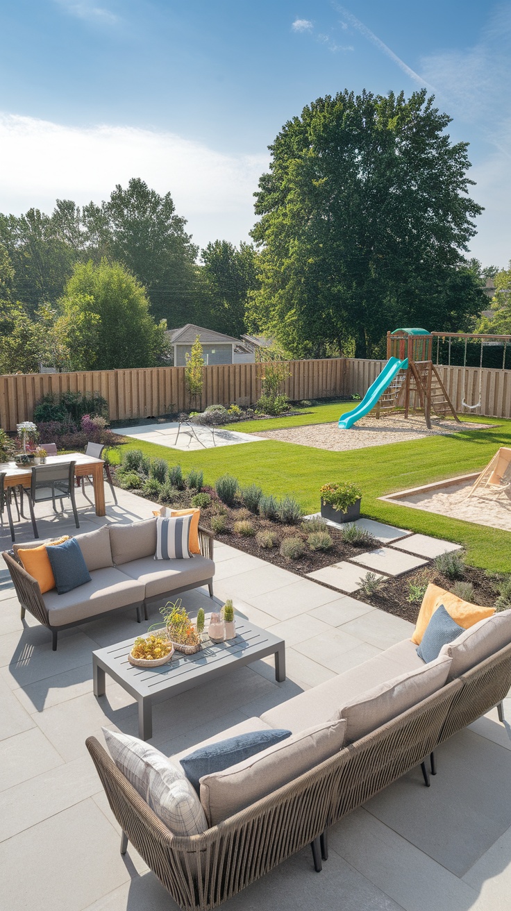 A modern backyard with a cozy patio, grassy play area, and playground equipment.