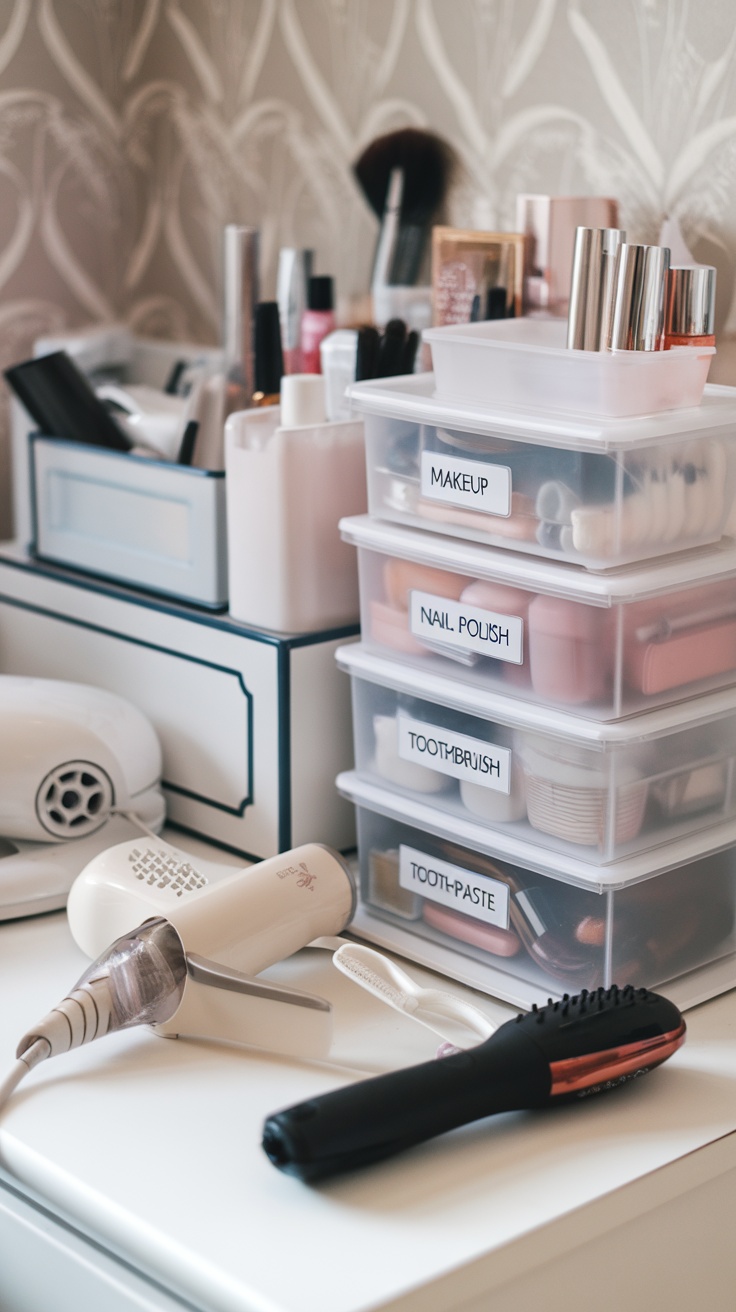 A neatly organized compact vanity room with labeled storage.