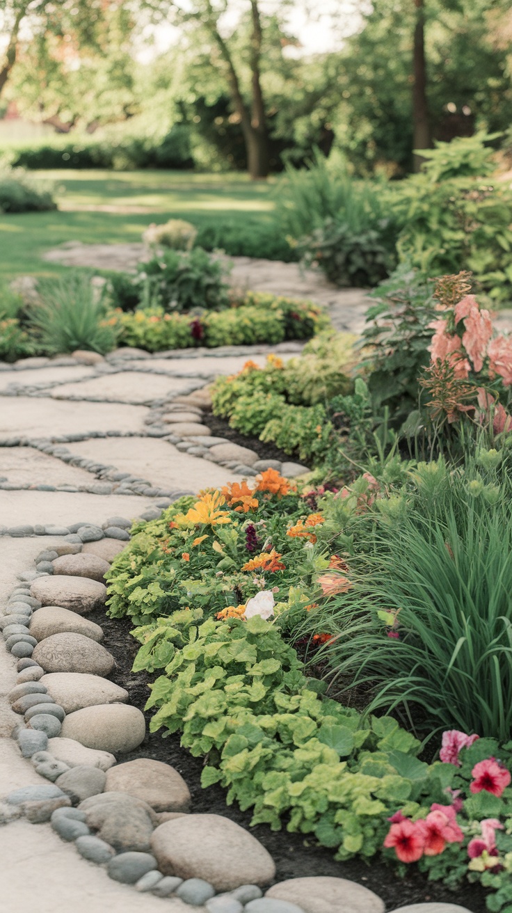 A garden pathway bordered with stones and colorful flowers.