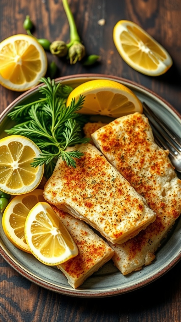 Crispy Baked Cod fillets garnished with lemon and parsley