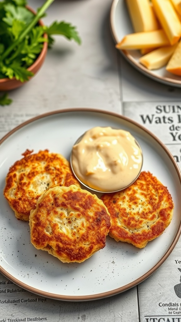 Plate of crispy cod cakes served with a creamy dipping sauce.