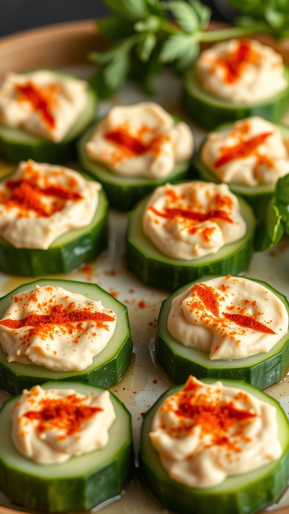 Cucumber slices topped with hummus and garnished with paprika