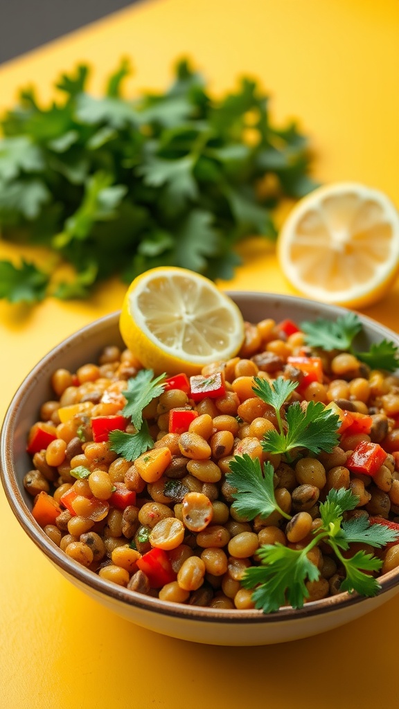 A colorful bowl of curried lentil salad with fresh vegetables and herbs.