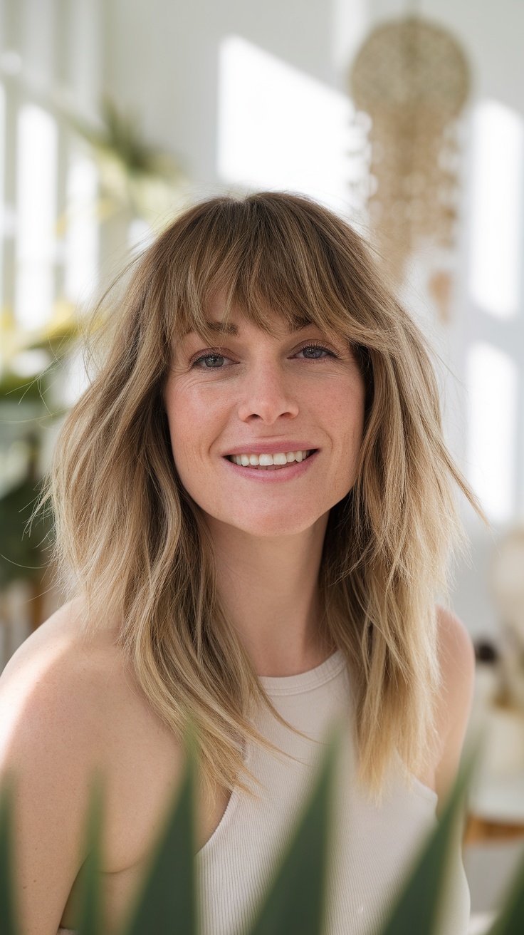 A woman with curtain bangs and textured mid-length hair, smiling in a bright, airy indoor setting.